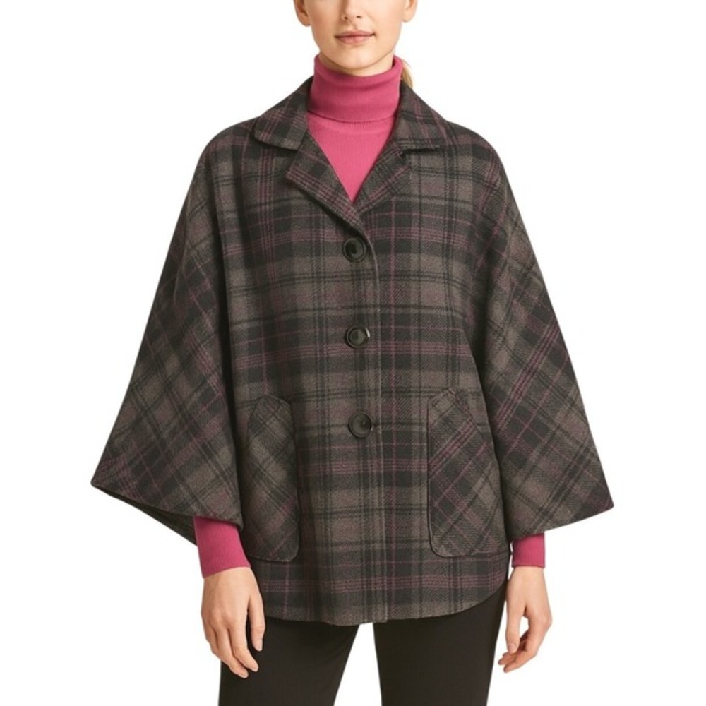 Preston & York Grey Purple Plaid Wool Blend Cape Jacket Coat OS Winter‎ 67-17